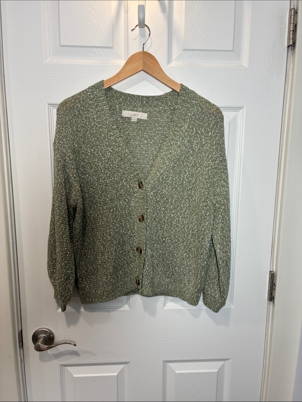 LOFT Olive Marled V-Neck Button Front Cardigan
